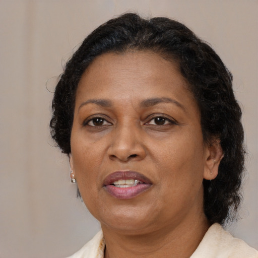 Joyful black adult female with medium  brown hair and brown eyes