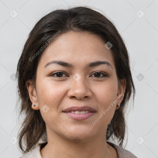 Joyful white young-adult female with medium  brown hair and brown eyes