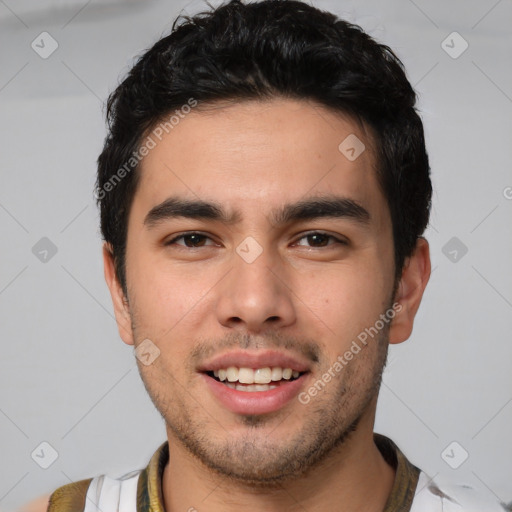 Joyful white young-adult male with short  black hair and brown eyes