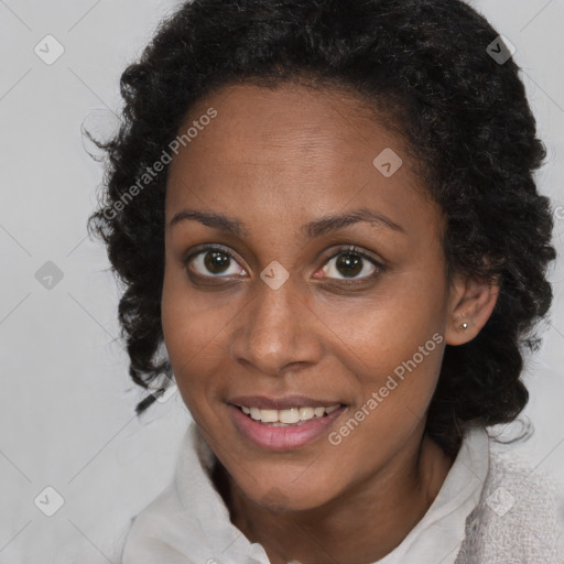 Joyful black young-adult female with medium  brown hair and brown eyes