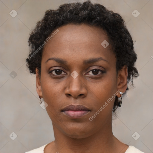 Neutral black young-adult female with short  black hair and brown eyes