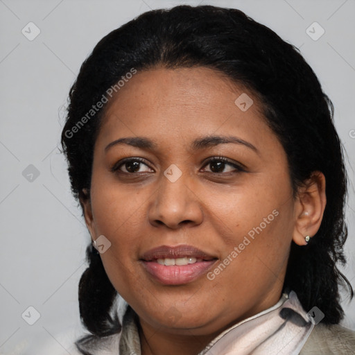 Joyful asian young-adult female with medium  black hair and brown eyes