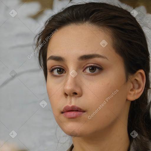 Neutral white young-adult female with medium  brown hair and brown eyes