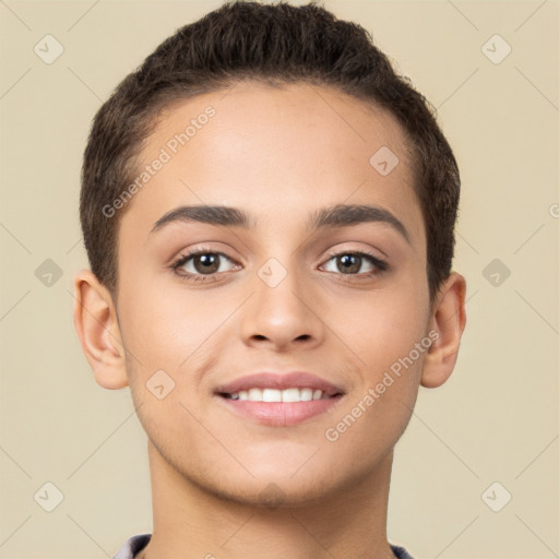 Joyful white young-adult female with short  brown hair and brown eyes