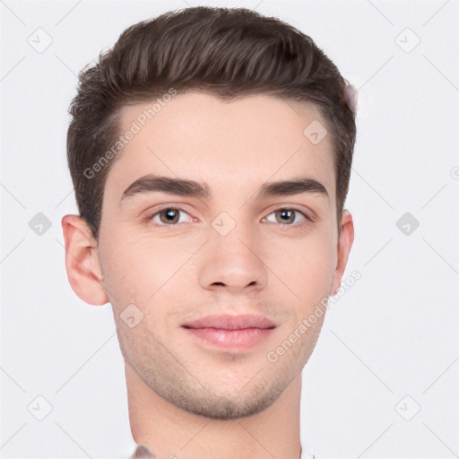 Neutral white young-adult male with short  brown hair and brown eyes