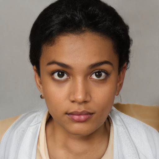 Neutral latino young-adult female with short  black hair and brown eyes