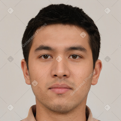 Neutral asian young-adult male with short  brown hair and brown eyes