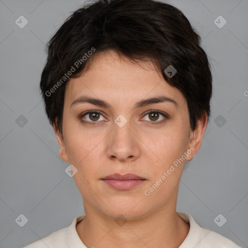 Neutral white young-adult female with short  brown hair and brown eyes