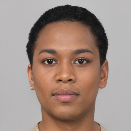 Neutral black young-adult female with short  black hair and brown eyes