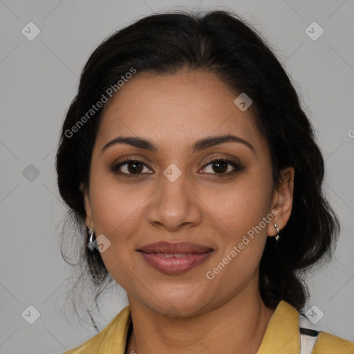 Joyful latino young-adult female with medium  brown hair and brown eyes