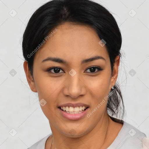 Joyful asian young-adult female with medium  black hair and brown eyes