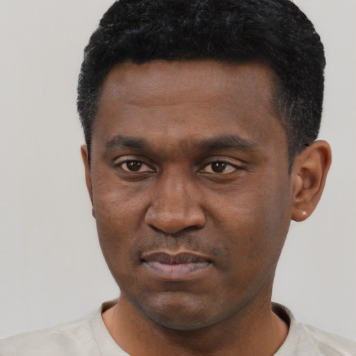 Joyful black young-adult male with short  black hair and brown eyes