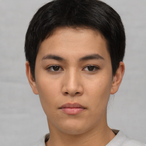 Neutral asian young-adult male with short  brown hair and brown eyes