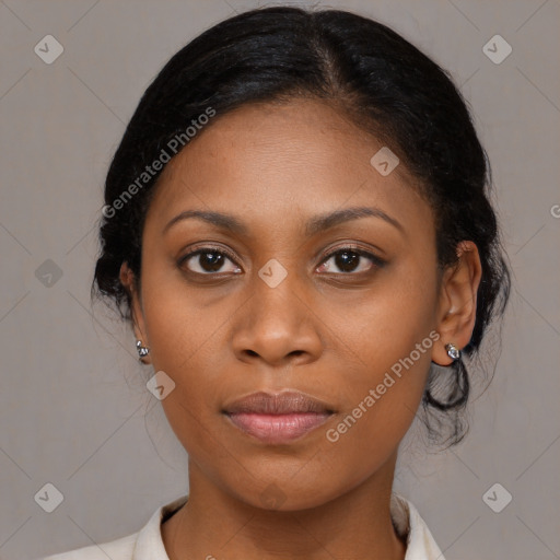 Joyful black young-adult female with medium  brown hair and brown eyes