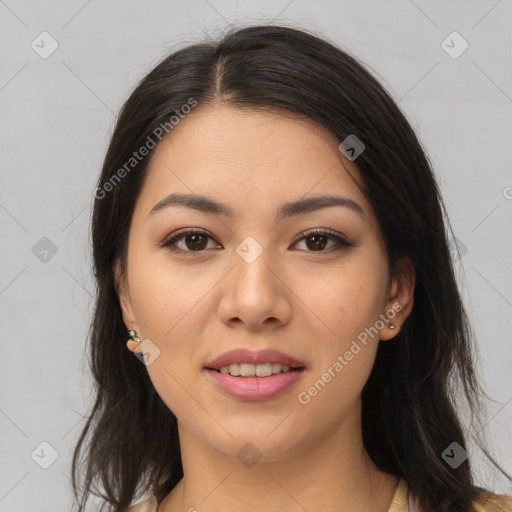 Joyful asian young-adult female with medium  brown hair and brown eyes