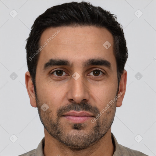 Neutral white young-adult male with short  black hair and brown eyes