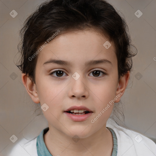 Joyful white child female with medium  brown hair and brown eyes