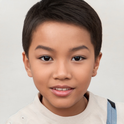 Joyful white child female with short  brown hair and brown eyes