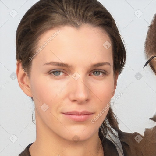 Neutral white young-adult female with medium  brown hair and brown eyes