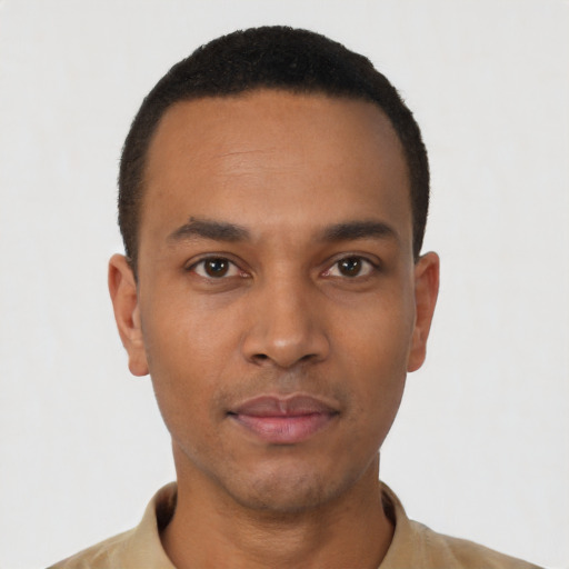 Neutral black young-adult male with short  black hair and brown eyes