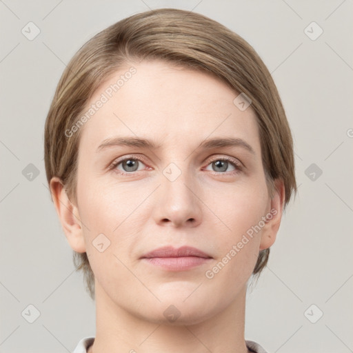 Neutral white young-adult female with medium  brown hair and grey eyes