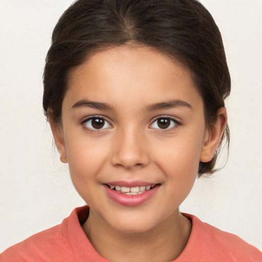 Joyful white child female with medium  brown hair and brown eyes