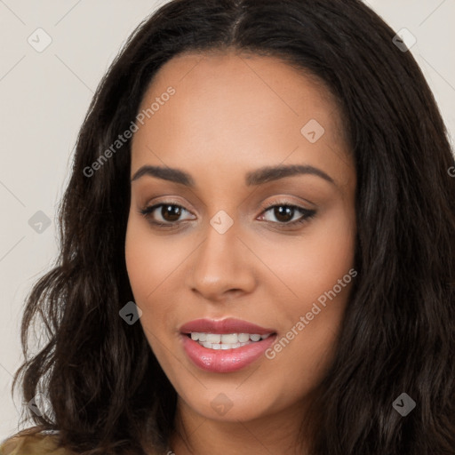 Joyful latino young-adult female with long  black hair and brown eyes