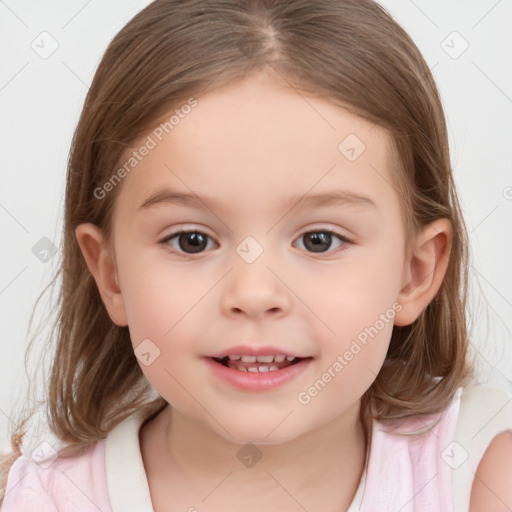 Joyful white child female with medium  brown hair and brown eyes