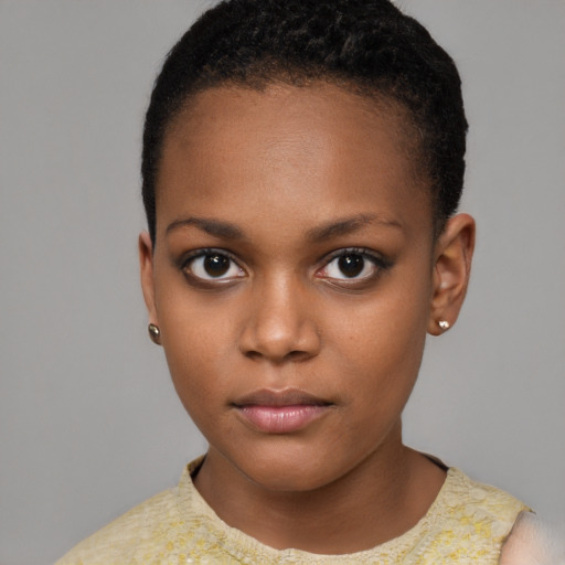 Neutral black young-adult female with short  brown hair and brown eyes