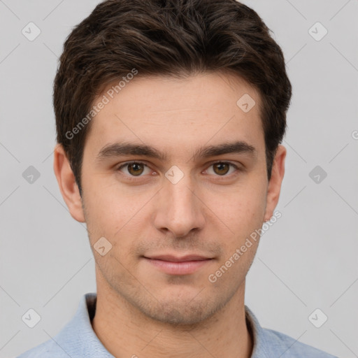 Neutral white young-adult male with short  brown hair and brown eyes