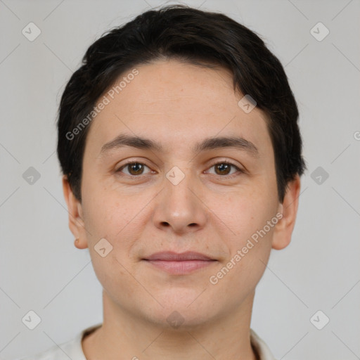 Joyful white young-adult male with short  brown hair and brown eyes