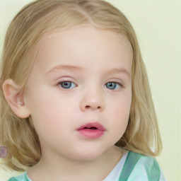 Neutral white child female with medium  brown hair and blue eyes