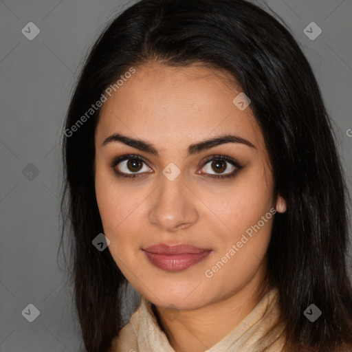 Joyful latino young-adult female with long  brown hair and brown eyes