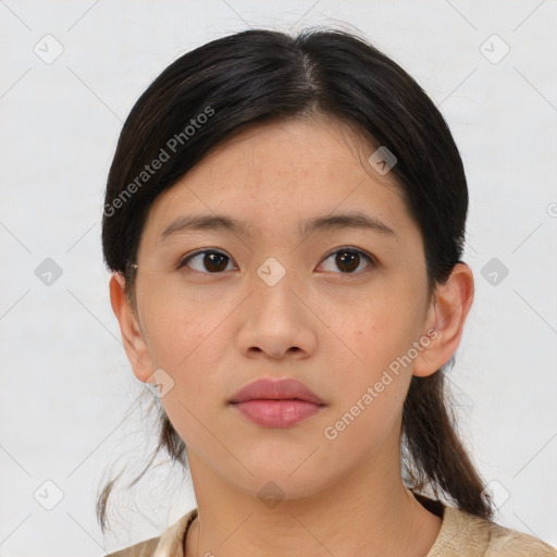 Neutral asian young-adult female with medium  brown hair and brown eyes