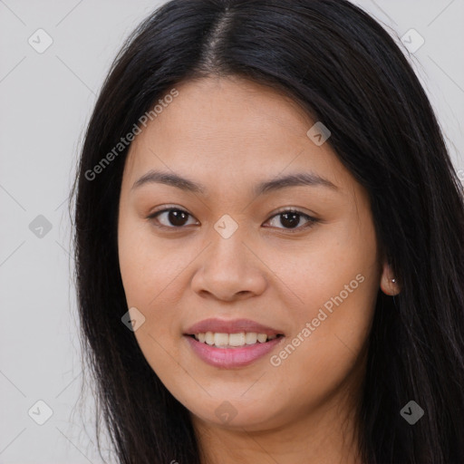 Joyful asian young-adult female with long  brown hair and brown eyes