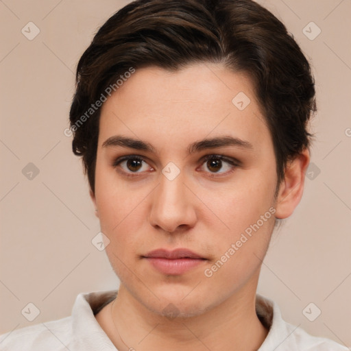 Neutral white young-adult female with short  brown hair and brown eyes