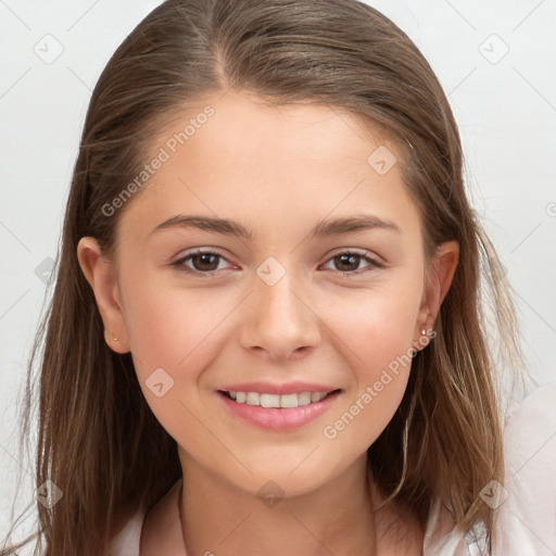 Joyful white child female with medium  brown hair and brown eyes