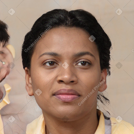 Joyful asian young-adult female with short  brown hair and brown eyes