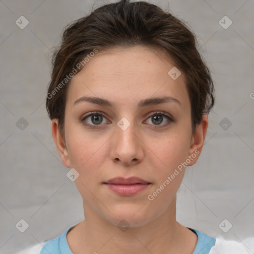 Neutral white young-adult female with short  brown hair and brown eyes