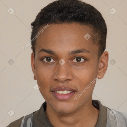 Joyful black young-adult male with short  brown hair and brown eyes