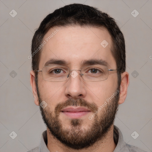 Neutral white adult male with short  brown hair and brown eyes