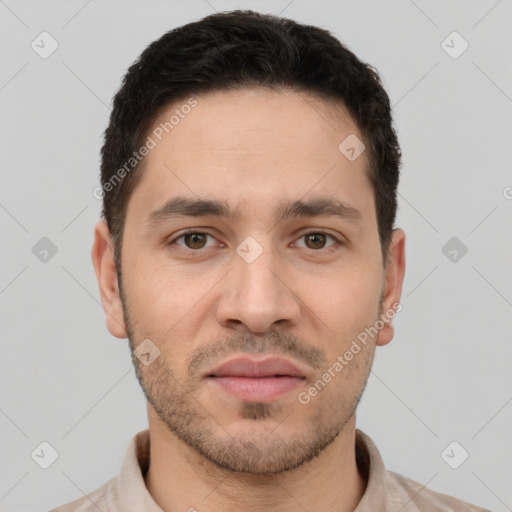 Joyful white young-adult male with short  brown hair and brown eyes