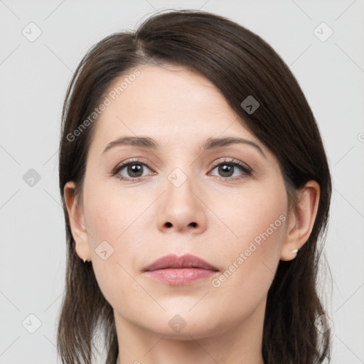 Neutral white young-adult female with medium  brown hair and brown eyes