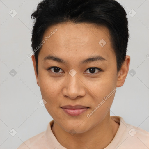 Joyful asian young-adult female with short  brown hair and brown eyes