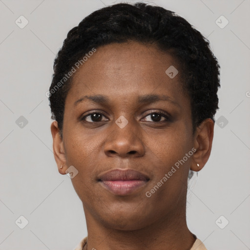 Neutral black young-adult female with short  brown hair and brown eyes