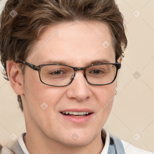 Joyful white adult female with short  brown hair and grey eyes