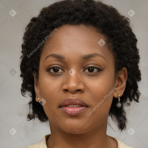 Neutral black young-adult female with medium  brown hair and brown eyes