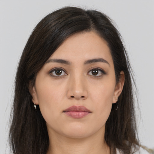 Neutral asian young-adult female with long  brown hair and brown eyes
