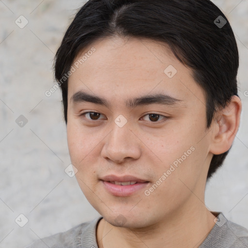 Joyful white young-adult male with medium  brown hair and brown eyes