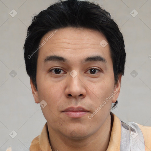 Neutral asian adult male with short  black hair and brown eyes